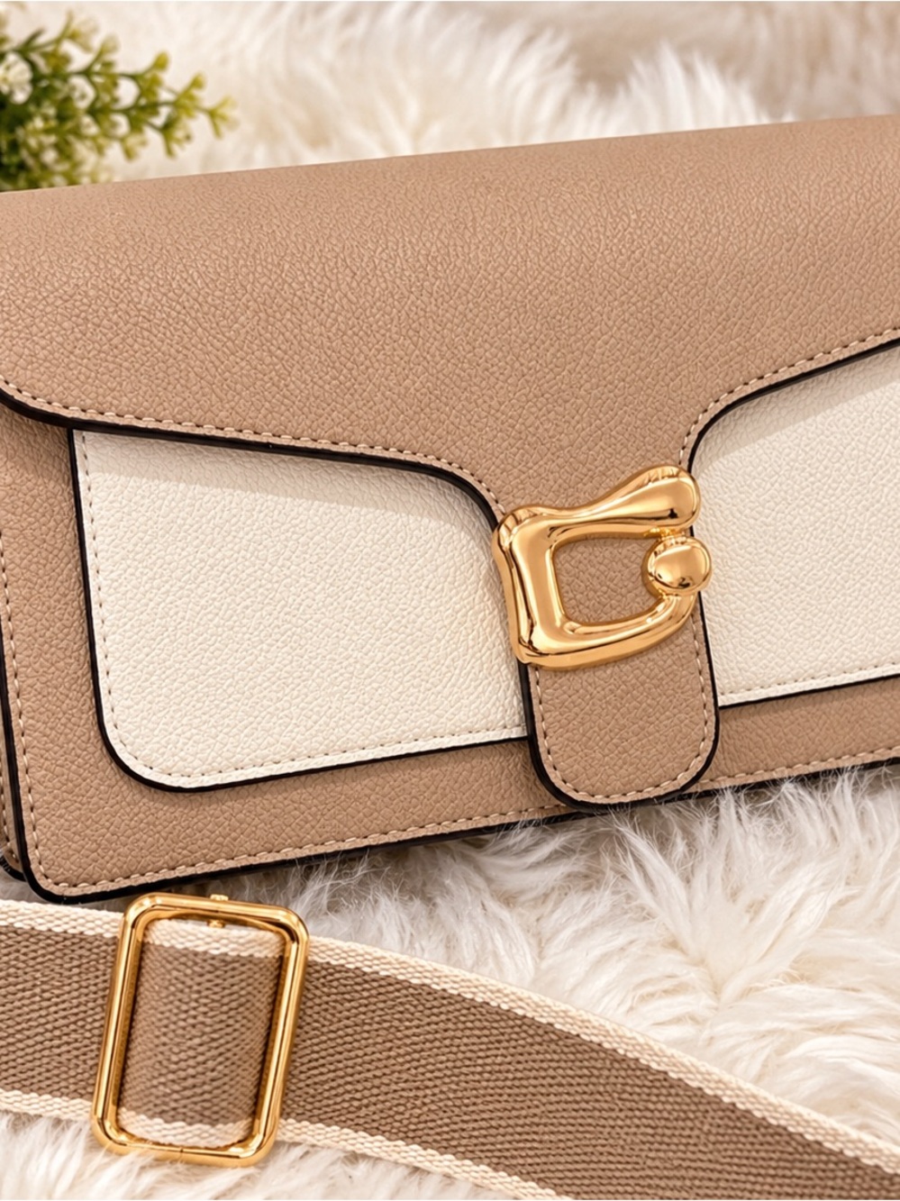 Taupe and Ivory Pebbled Crossbody Bag with Gold Hardware